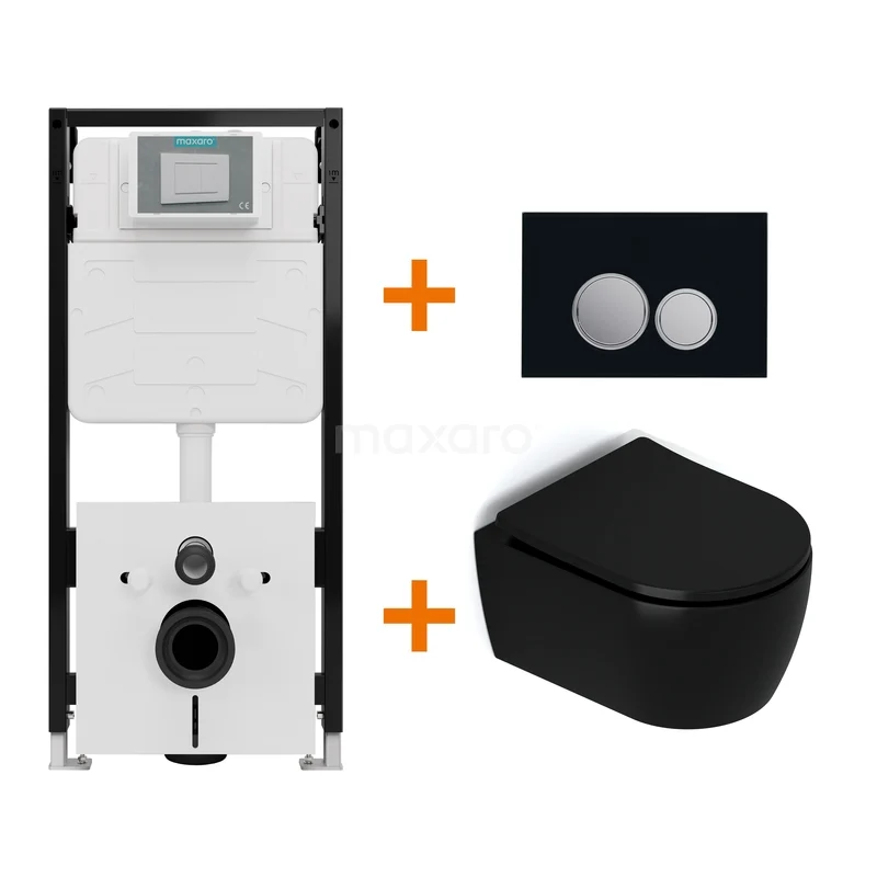 Toiletset Mat zwart met Spoelrand + Maxaro Flush Pro inbouwreservoir met geluidsisolatie TOI2307