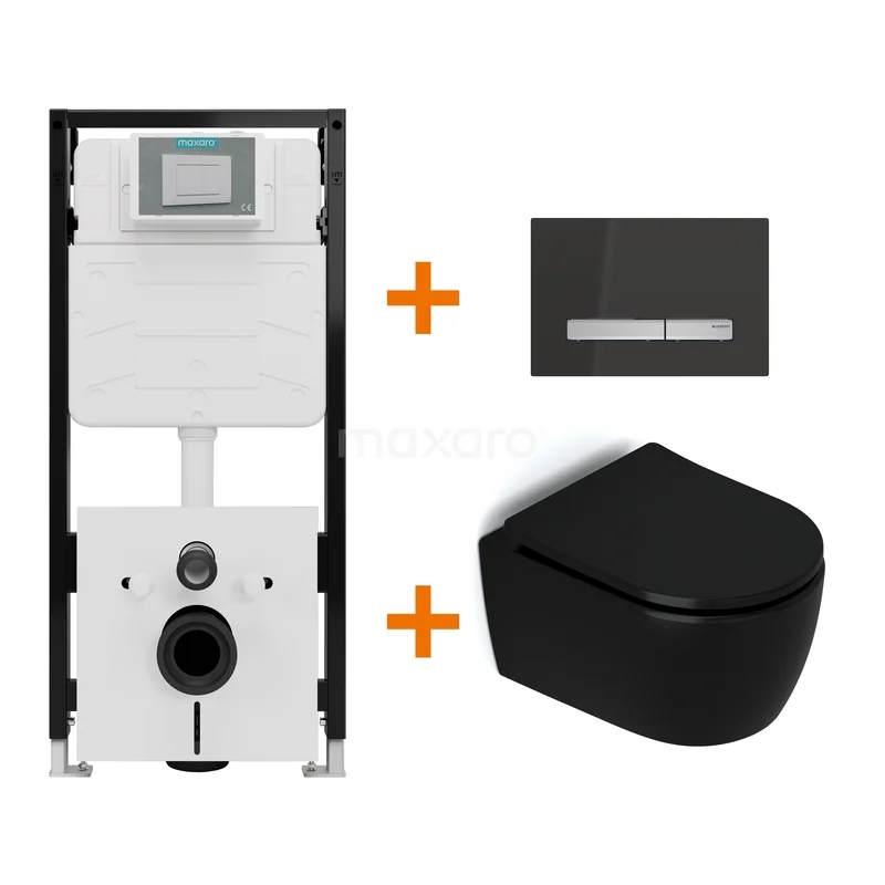 Toiletset Mat zwart zonder Spoelrand + Maxaro Flush Pro inbouwreservoir met geluidsisolatie TOI2410