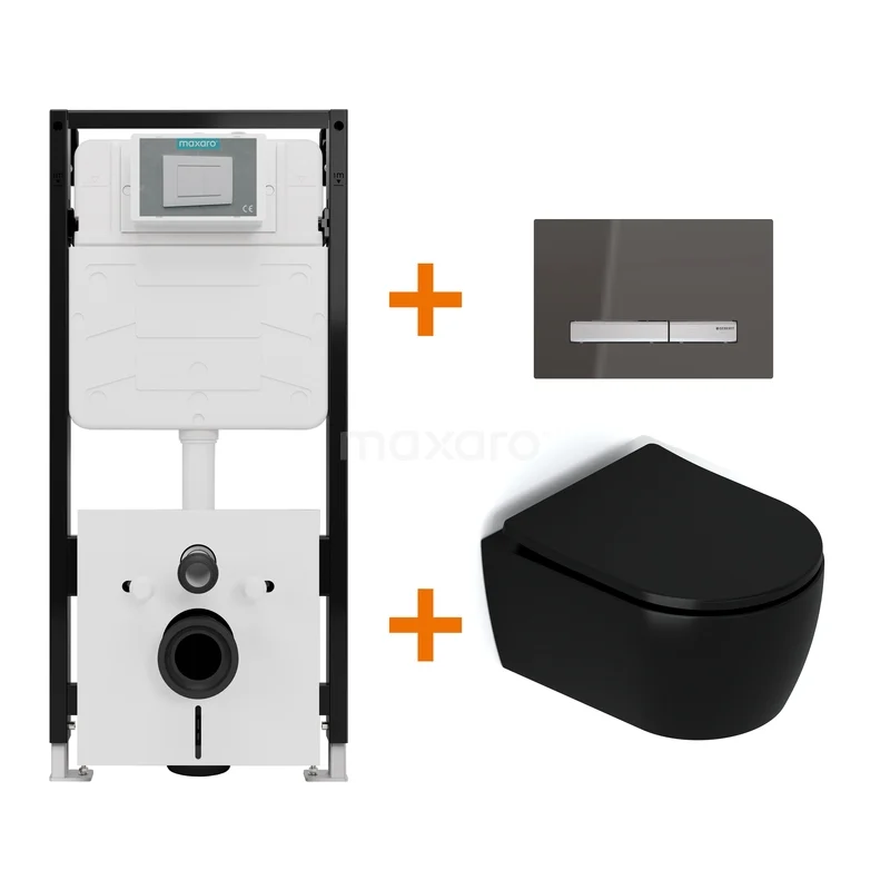 Toiletset Mat zwart met Spoelrand + Maxaro Flush Pro inbouwreservoir met geluidsisolatie TOI2439