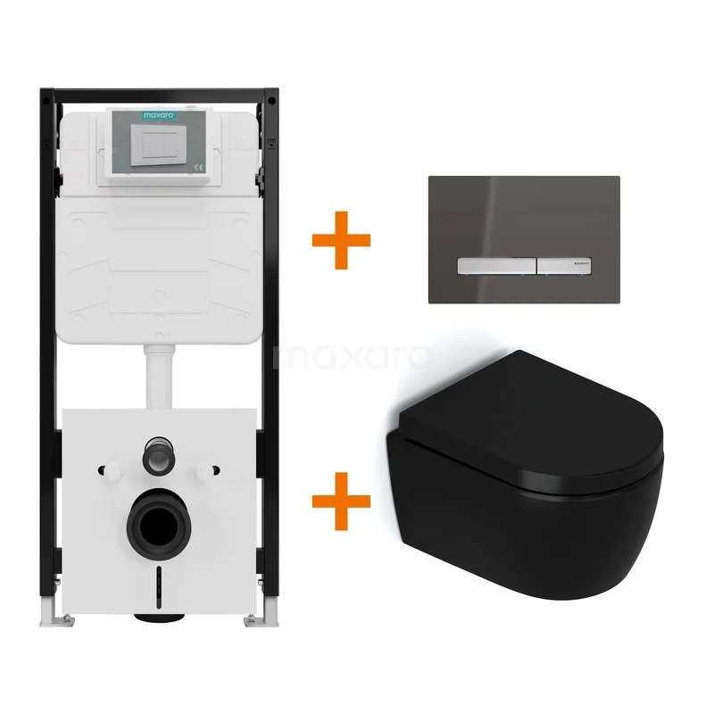 Toiletset Mat zwart zonder Spoelrand + Maxaro Flush Pro inbouwreservoir met geluidsisolatie TOI2442