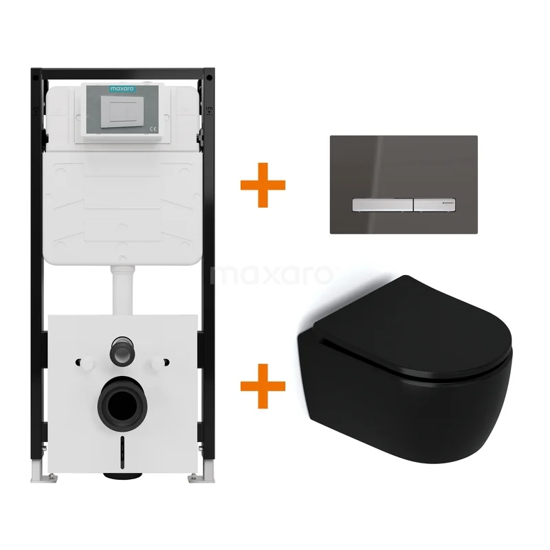Toiletset Mat zwart zonder Spoelrand + Maxaro Flush Pro inbouwreservoir met geluidsisolatie TOI2443