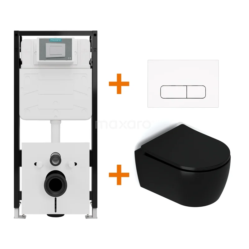 Toiletset Mat zwart met Spoelrand + Maxaro Flush Slim Pro inbouwreservoir met geluidsisolatie TOI2571