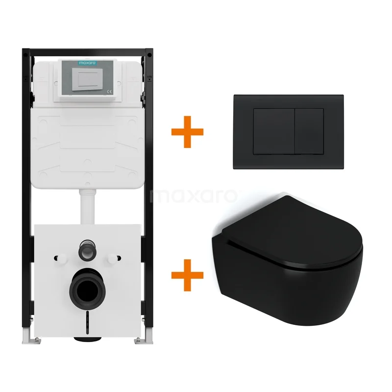 Toiletset Mat zwart met Spoelrand + Maxaro Flush Slim Pro inbouwreservoir met geluidsisolatie TOI2637
