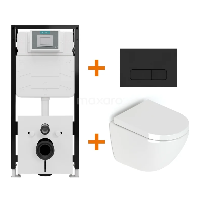 Toiletset Hoogglans wit zonder Spoelrand + Maxaro Flush Slim Pro inbouwreservoir met geluidsisolatie TOI2678