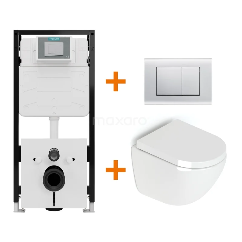 Toiletset Hoogglans wit zonder Spoelrand + Maxaro Flush Slim Pro inbouwreservoir met geluidsisolatie TOI2744