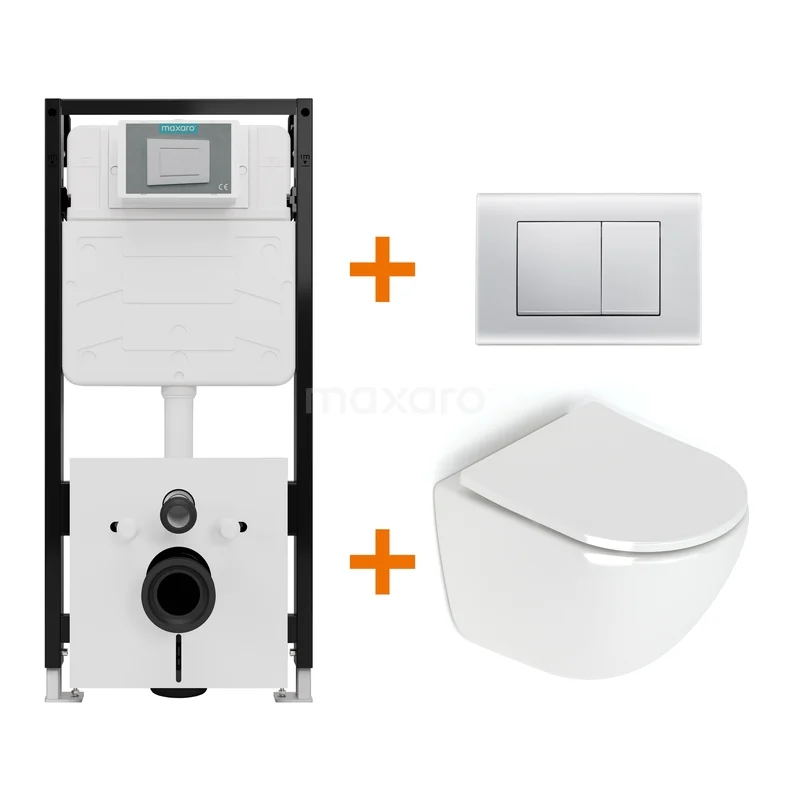 Toiletset Hoogglans wit zonder Spoelrand + Maxaro Flush Slim Pro inbouwreservoir met geluidsisolatie TOI2745