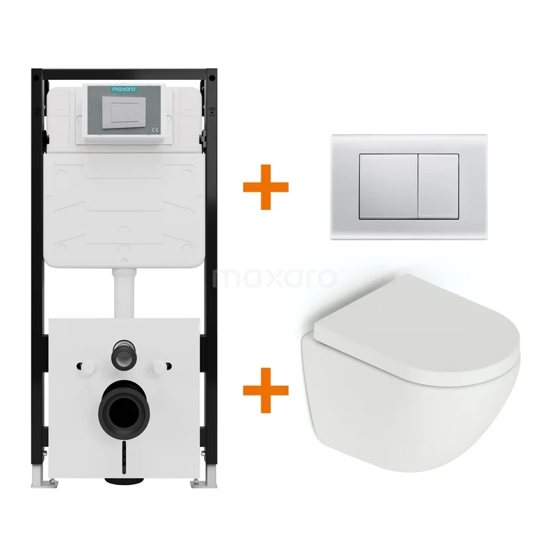 Toiletset Mat wit zonder Spoelrand + Maxaro Flush Slim Pro inbouwreservoir met geluidsisolatie TOI2746