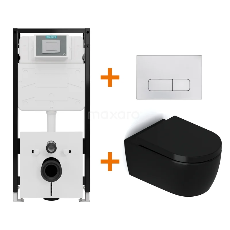 Toiletset Mat zwart zonder Spoelrand + Maxaro Flush Slim Pro inbouwreservoir met geluidsisolatie TOI2770 Toiletset Mat zwart zonder Spoelrand + Maxaro Flush Slim Pro inbouwreservoir met geluidsisolatie TOI2770
