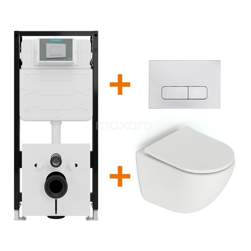 Toiletset Mat wit zonder Spoelrand + Maxaro Flush Slim Pro inbouwreservoir met geluidsisolatie TOI2780