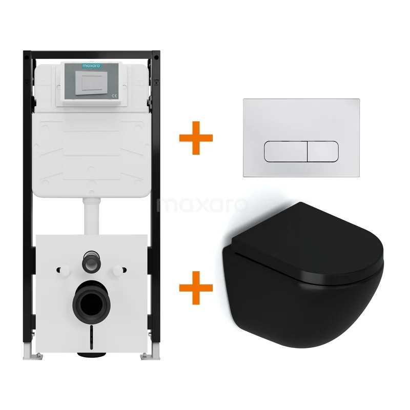 Toiletset Mat zwart zonder Spoelrand + Maxaro Flush Slim Pro inbouwreservoir met geluidsisolatie TOI2781