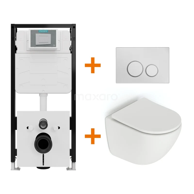 Toiletset Mat wit zonder Spoelrand + Maxaro Flush Slim Pro inbouwreservoir met geluidsisolatie TOI2813