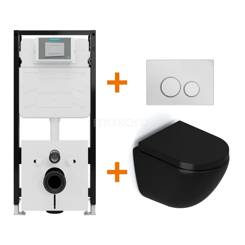Toiletset Mat zwart zonder Spoelrand + Maxaro Flush Slim Pro inbouwreservoir met geluidsisolatie TOI2814