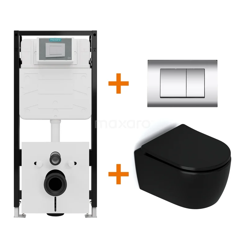 Toiletset Mat zwart zonder Spoelrand + Maxaro Flush Slim Pro inbouwreservoir met geluidsisolatie TOI2839