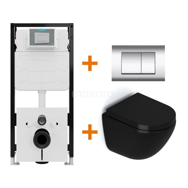 Toiletset Mat zwart zonder Spoelrand + Maxaro Flush Slim Pro inbouwreservoir met geluidsisolatie TOI2847