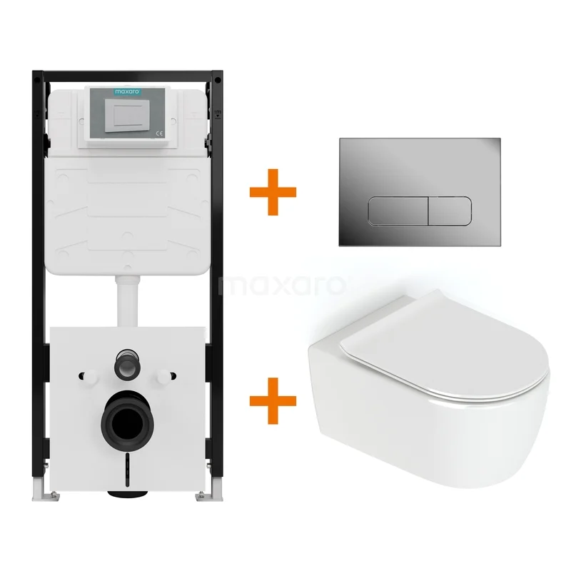 Toiletset Hoogglans wit zonder Spoelrand + Maxaro Flush Slim Pro inbouwreservoir met geluidsisolatie TOI2854