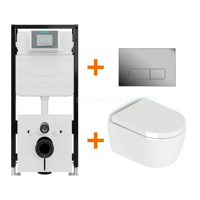 Toiletset Hoogglans wit zonder Spoelrand + Maxaro Flush Slim Pro inbouwreservoir met geluidsisolatie TOI2855