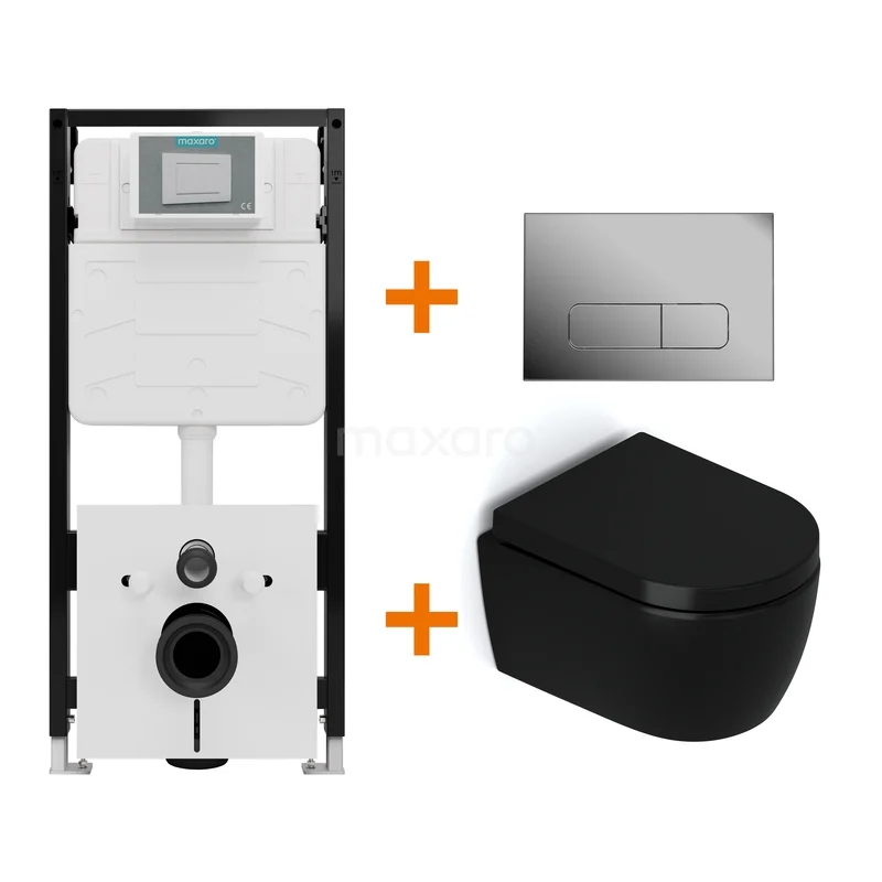 Toiletset Mat zwart zonder Spoelrand + Maxaro Flush Slim Pro inbouwreservoir met geluidsisolatie TOI2871