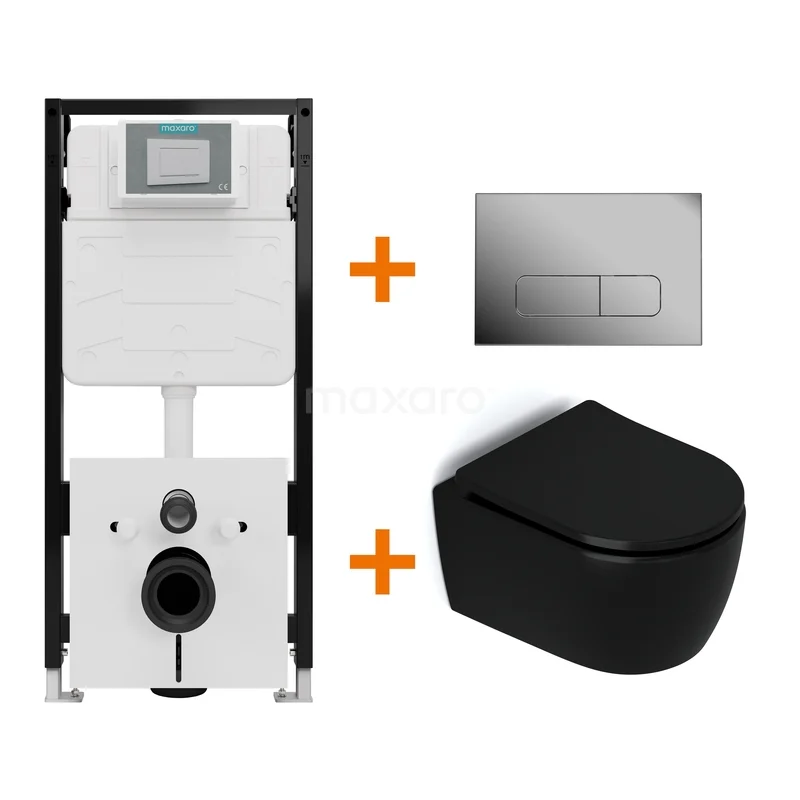 Toiletset Mat zwart zonder Spoelrand + Maxaro Flush Slim Pro inbouwreservoir met geluidsisolatie TOI2872