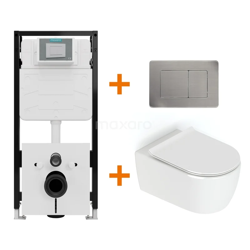 Toiletset Hoogglans wit zonder Spoelrand + Maxaro Flush Slim Pro inbouwreservoir met geluidsisolatie TOI2953