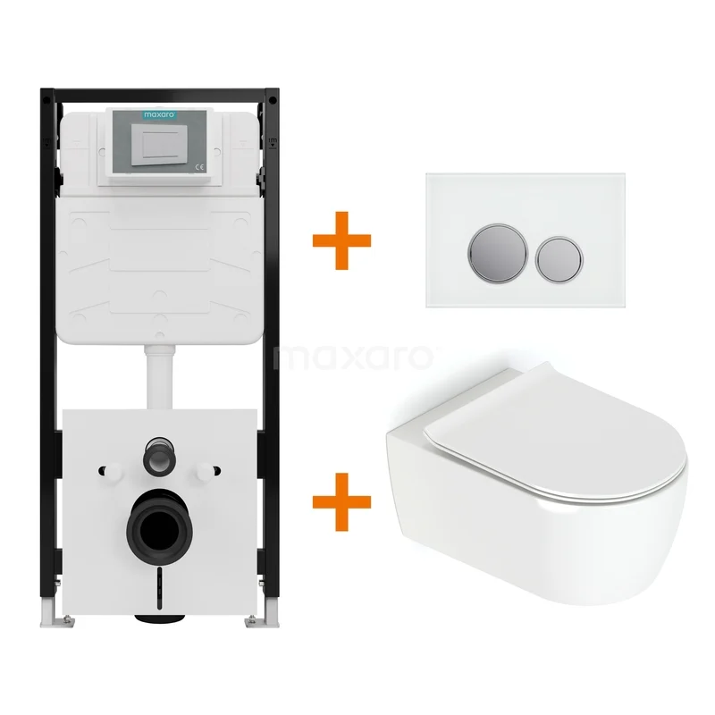 Toiletset Hoogglans wit met Spoelrand + Maxaro Flush Slim Pro inbouwreservoir met geluidsisolatie TOI3015