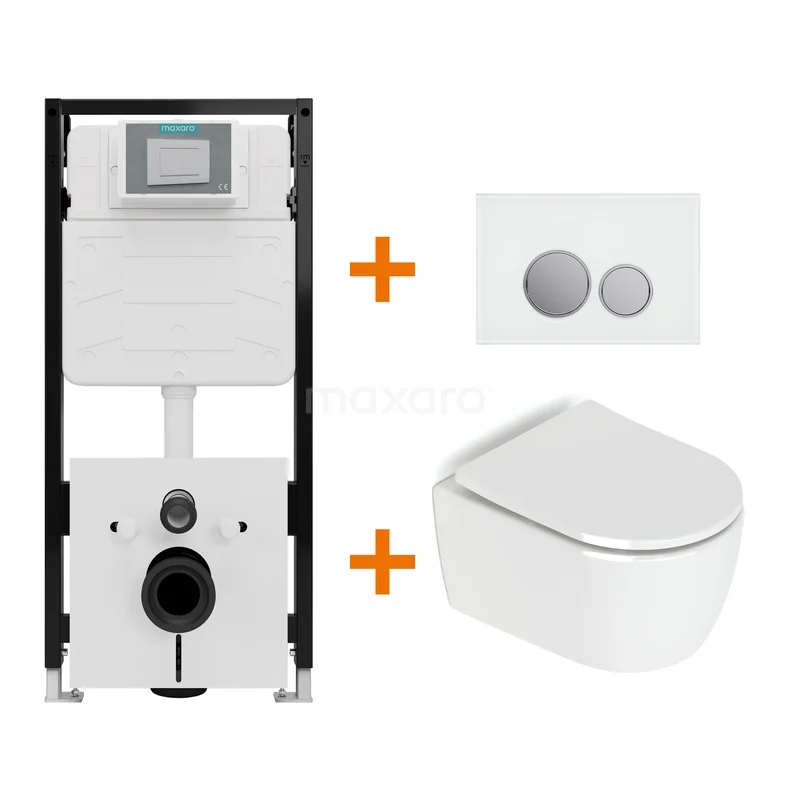 Toiletset Hoogglans wit zonder Spoelrand + Maxaro Flush Slim Pro inbouwreservoir met geluidsisolatie TOI3021