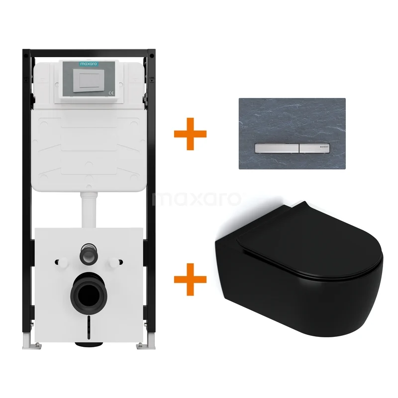 Toiletset Mat zwart met Spoelrand + Maxaro Flush Slim Pro inbouwreservoir met geluidsisolatie TOI3130