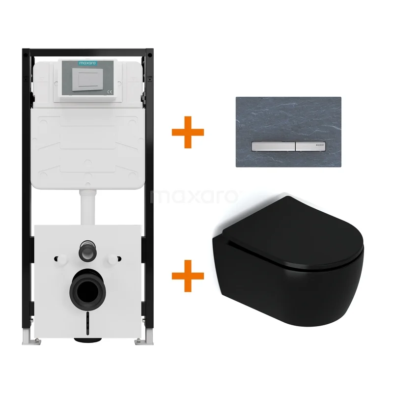 Toiletset Mat zwart met Spoelrand + Maxaro Flush Slim Pro inbouwreservoir met geluidsisolatie TOI3132
