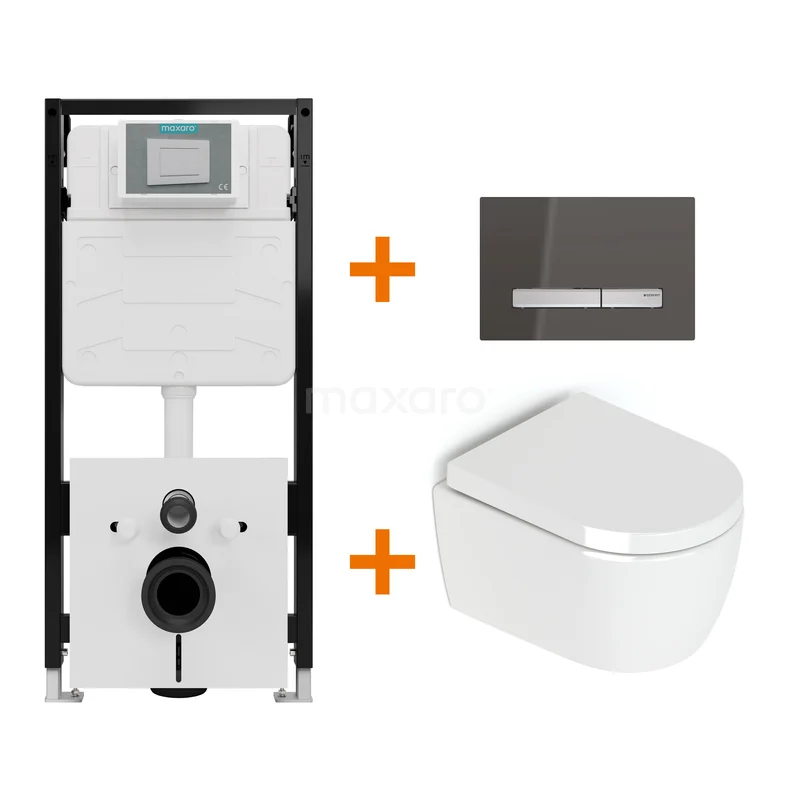Toiletset Hoogglans wit zonder Spoelrand + Maxaro Flush Slim Pro inbouwreservoir met geluidsisolatie TOI3185