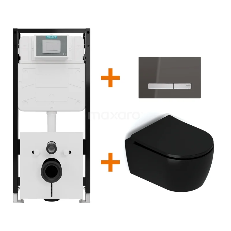 Toilet set Matte black with rim + Maxaro Flush Slim Pro concealed cistern with sound insulation TOI3198 Toilet set Matte black with rim + Maxaro Flush Slim Pro concealed cistern with sound insulation TOI3198