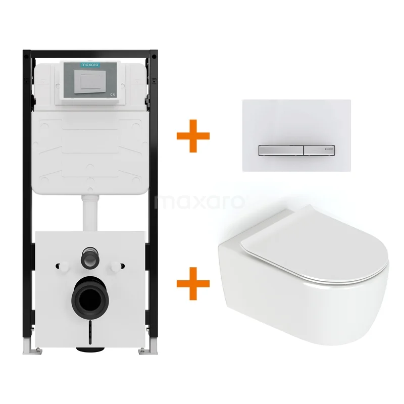 Toiletset Hoogglans wit zonder Spoelrand + Maxaro Flush Slim Pro inbouwreservoir met geluidsisolatie TOI3217