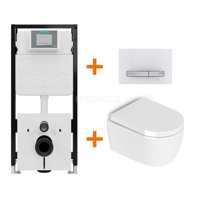 Toiletset Hoogglans wit zonder Spoelrand + Maxaro Flush Slim Pro inbouwreservoir met geluidsisolatie TOI3218