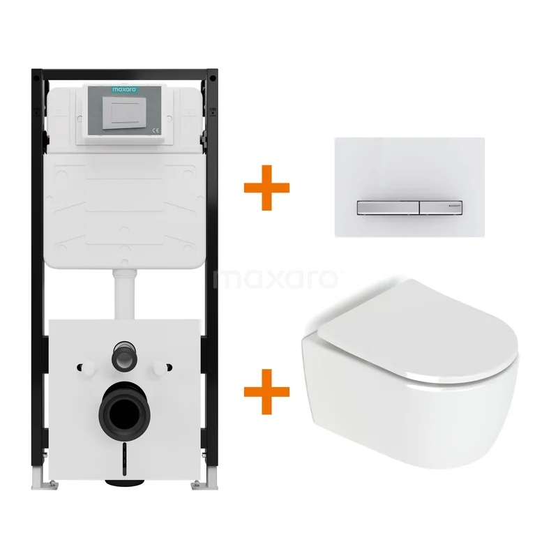 Toiletset Hoogglans wit zonder Spoelrand + Maxaro Flush Slim Pro inbouwreservoir met geluidsisolatie TOI3219