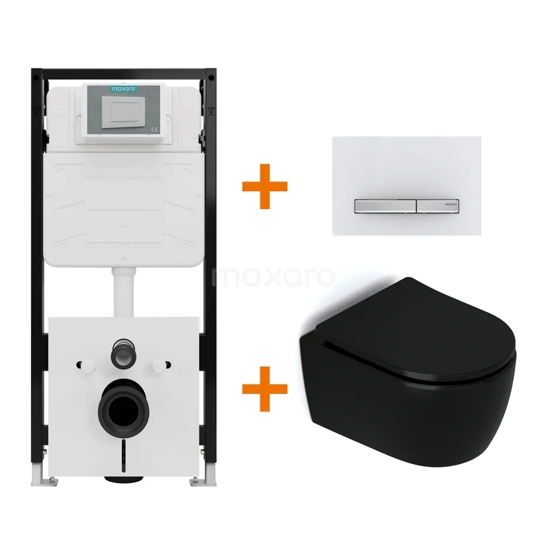 Toiletset Mat zwart zonder Spoelrand + Maxaro Flush Slim Pro inbouwreservoir met geluidsisolatie TOI3235