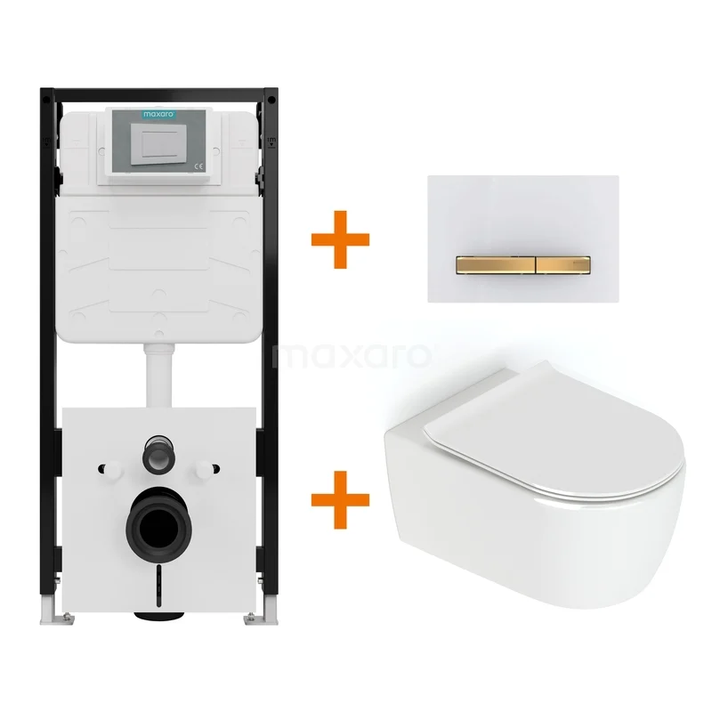 Toiletset Hoogglans wit zonder Spoelrand + Maxaro Flush Slim Pro inbouwreservoir met geluidsisolatie TOI3250