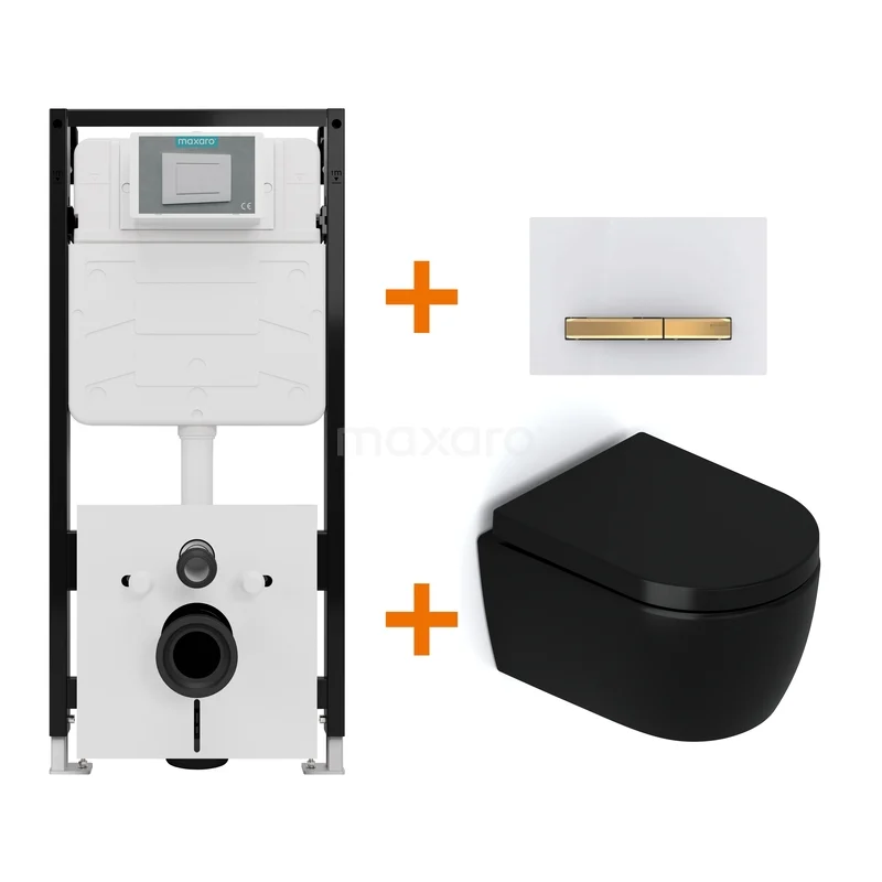 Toiletset Mat zwart zonder Spoelrand + Maxaro Flush Slim Pro inbouwreservoir met geluidsisolatie TOI3267