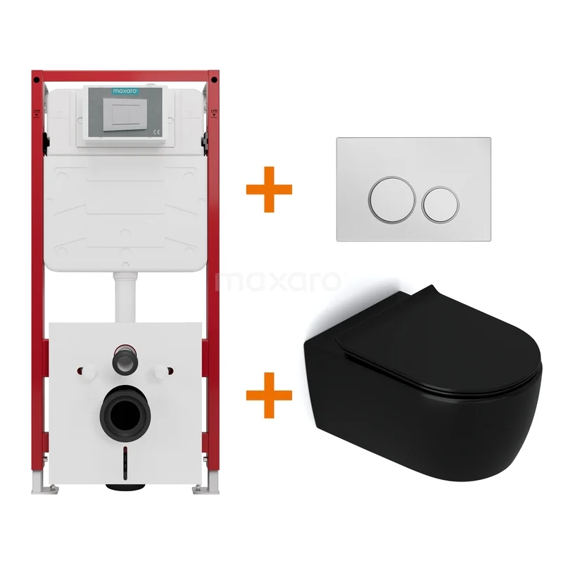 Toiletset Mat zwart zonder Spoelrand + Maxaro Flush inbouwreservoir TOI1286 Toiletset Mat zwart zonder Spoelrand + Maxaro Flush inbouwreservoir TOI1286