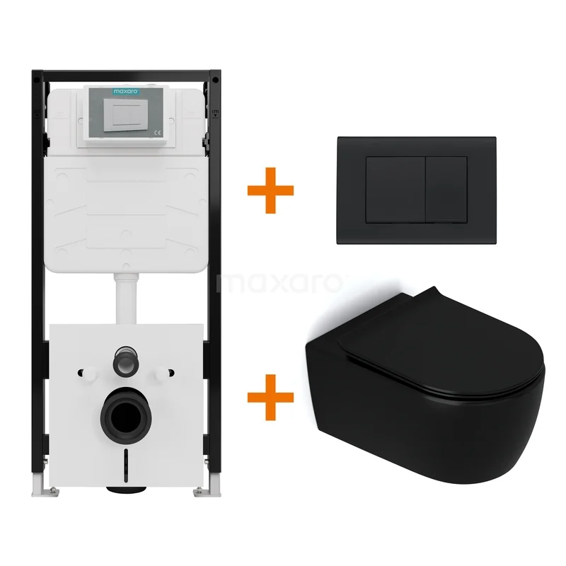 Toiletset Mat zwart zonder Spoelrand + Maxaro Flush Pro inbouwreservoir met geluidsisolatie TOI1880