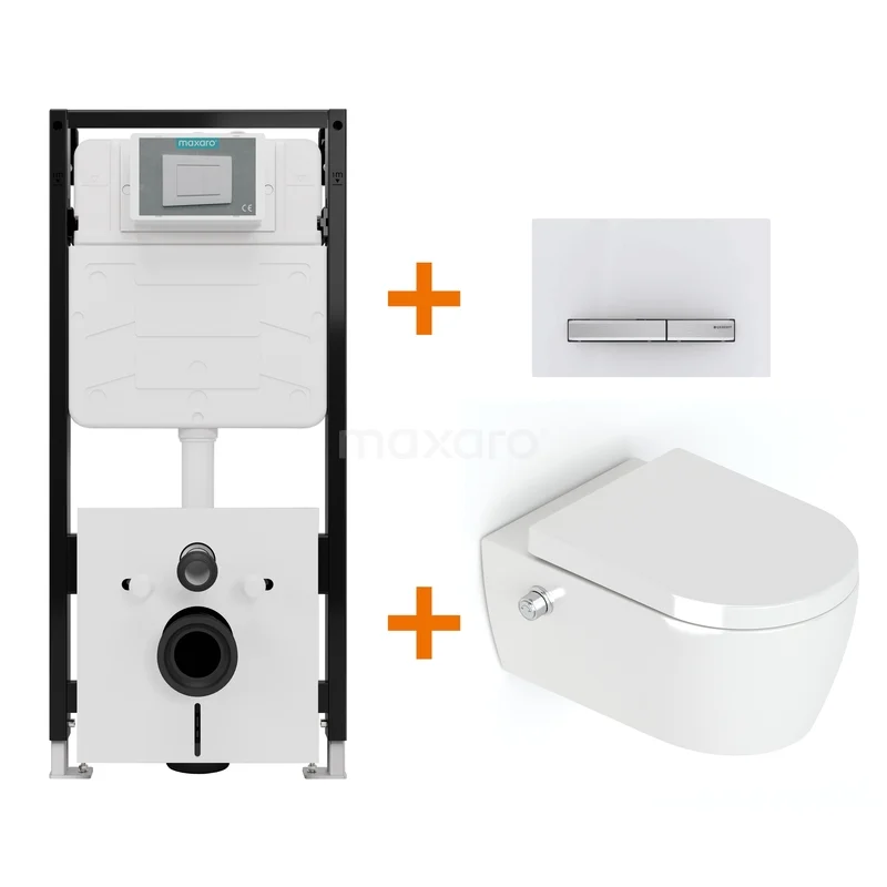 Toiletset Hoogglans wit Bidet  zonder Spoelrand + Maxaro Flush Pro inbouwreservoir met geluidsisolatie TOI2478