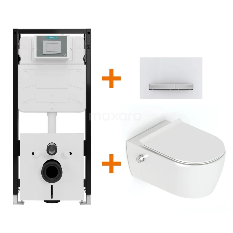 Toiletset Hoogglans wit Bidet  zonder Spoelrand + Maxaro Flush Pro inbouwreservoir met geluidsisolatie TOI2479