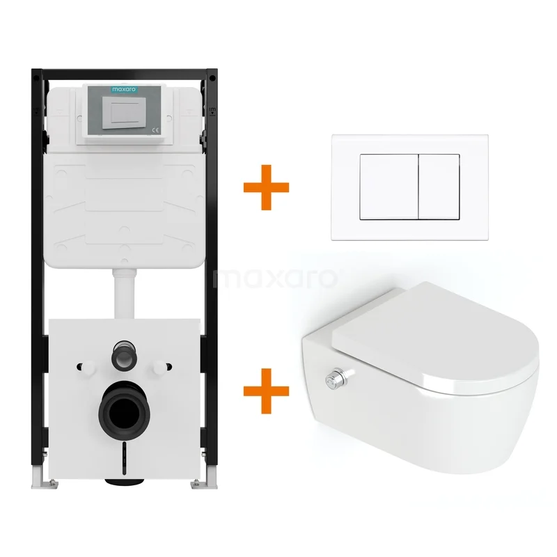 Toiletset Hoogglans wit Bidet  zonder Spoelrand + Maxaro Flush Slim Pro inbouwreservoir met geluidsisolatie TOI2544