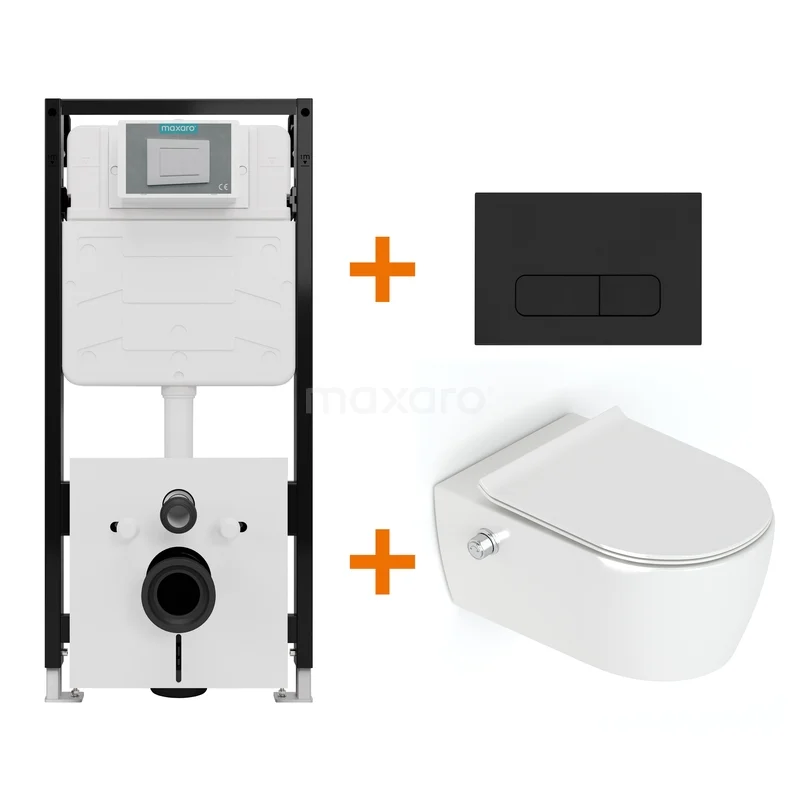 Toiletset Hoogglans wit Bidet  zonder Spoelrand + Maxaro Flush Slim Pro inbouwreservoir met geluidsisolatie TOI2677