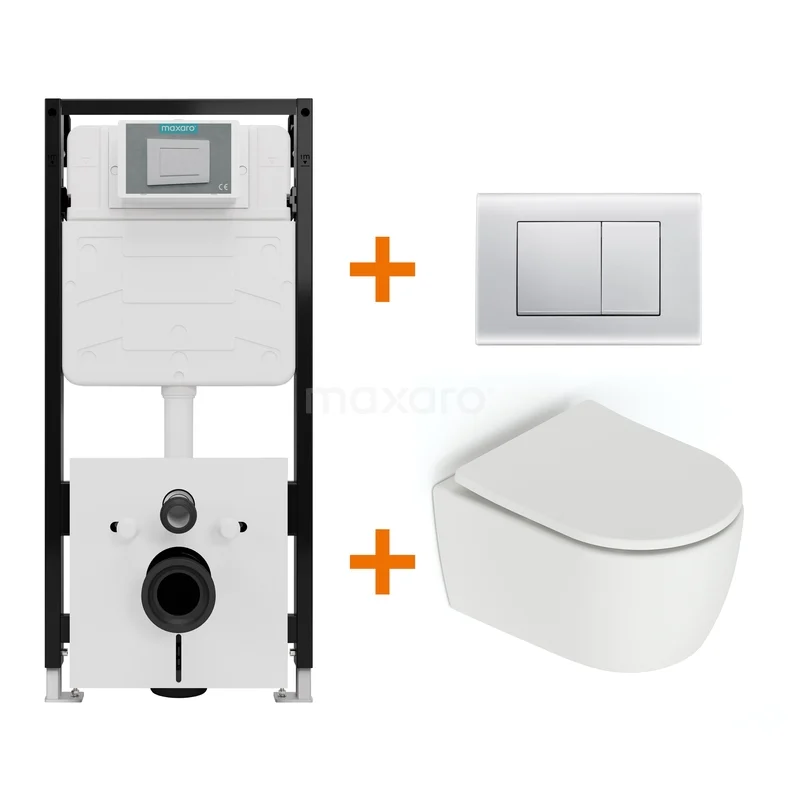Toiletset Mat wit zonder Spoelrand + Maxaro Flush Slim Pro inbouwreservoir met geluidsisolatie TOI2732