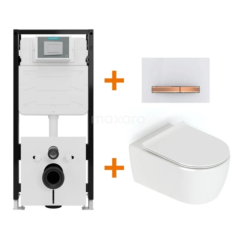 Toiletset Hoogglans wit zonder Spoelrand + Maxaro Flush Slim Pro inbouwreservoir met geluidsisolatie TOI3085