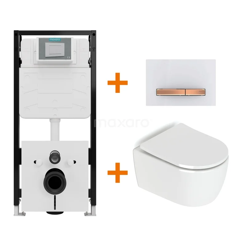 Toiletset Hoogglans wit zonder Spoelrand + Maxaro Flush Slim Pro inbouwreservoir met geluidsisolatie TOI3087