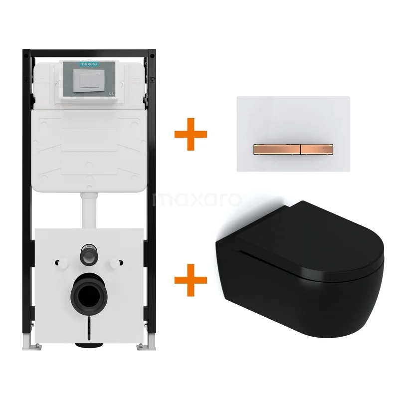 Toiletset Mat zwart met Spoelrand + Maxaro Flush Slim Pro inbouwreservoir met geluidsisolatie TOI3096