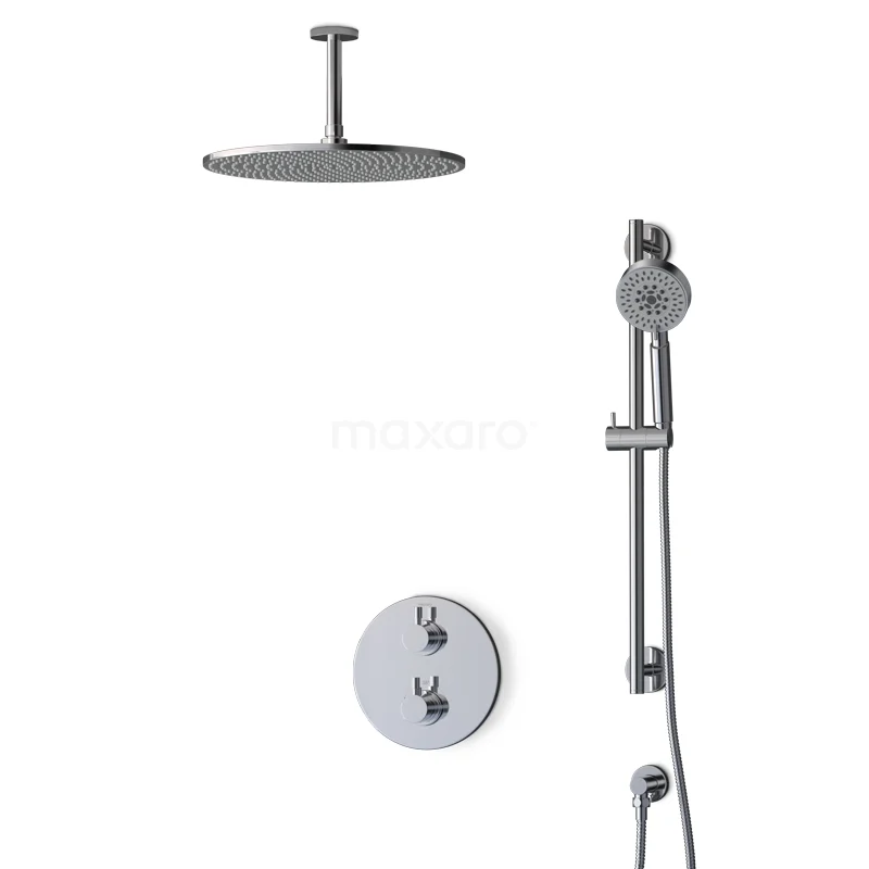 Regendusche Set Radius Chrom 35cm Unterputz Thermostat Chrom BIC55-00486 Moderne Edelstahl Regendusche mit Handbrause und runder Knopf, ideal für ein elegantes und stilvolles Badezimmer.