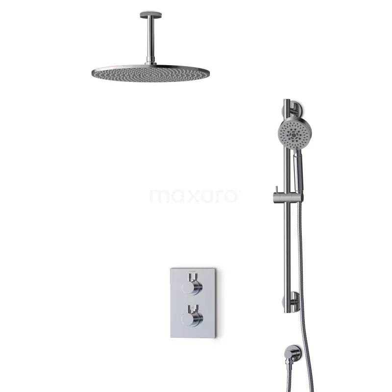 Regendusche Set Radius Chrom 35cm Unterputz Thermostat Chrom BIC55-00487 Regendusche-Set aus Edelstahl mit Handbrause, eingebauter Thermostatarmatur, ideal für ein modernes Badezimmer.