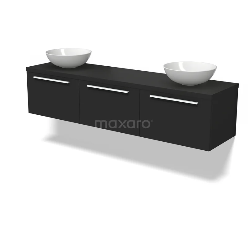 Zwarte badkamermeubelset met dubbele wastafel, mat afgewerkt, modern design en chromen grepen, ideaal voor elke badkamerstijl.