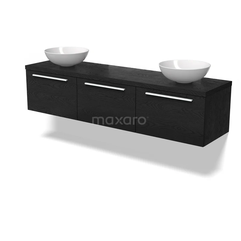 Zwarte zwevende badkamermeubelset met dubbele wastafel, strak design en chromen handgrepen, ideaal voor moderne badkamers.
