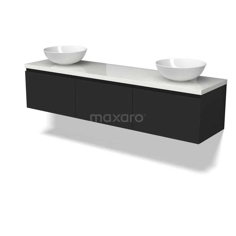 Product BMK33-00027 BMK33-00027 Schwarzer schwebender Badschrank mit zwei weißen Aufsatzwaschbecken, marmorierter Platte und modernem Aussehen. Perfekt für ein luxuriöses Badezimmer.